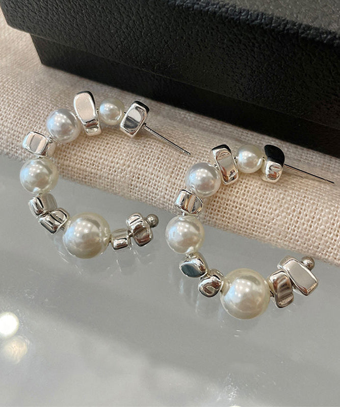 Boucles d'oreilles crΓ©oles originales en argent sterling avec perles blanches et argent brisΓ© - Wavlynn
