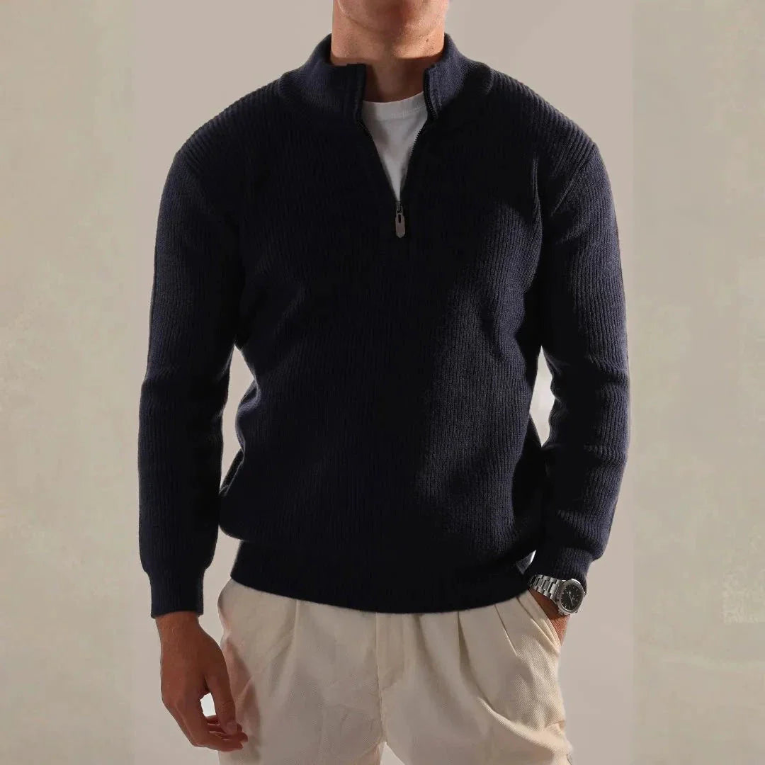 Beige half-zip ribbed knit jumper with structured texture and minimalist smart-casual style