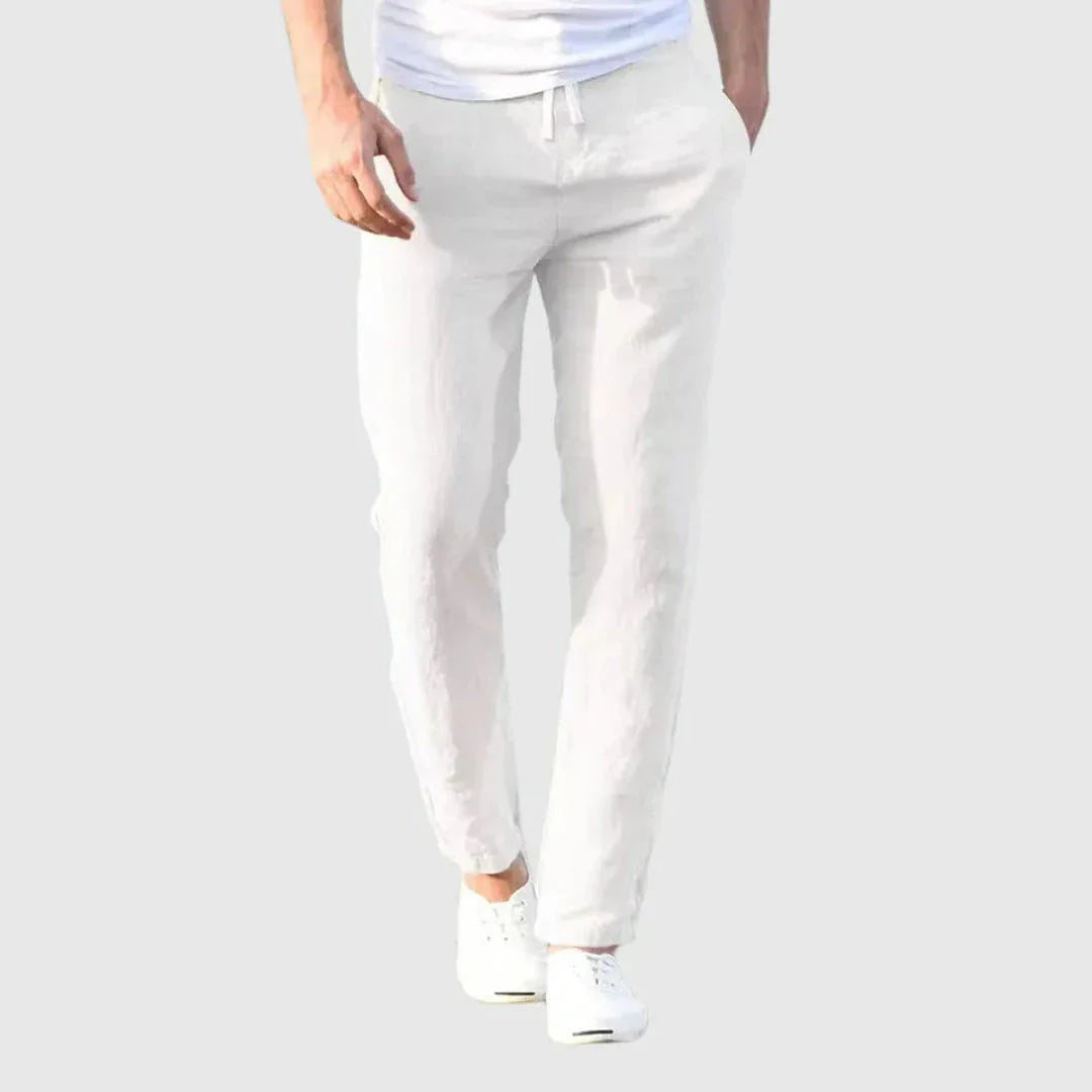 Beige linen-blend relaxed straight-cut pants with adjustable drawstring waist for effortless everyday style