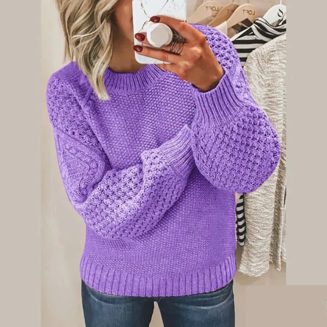 Women's chunky knit sweater relaxed fit with voluminous sleeves and ribbed edges cozy casual style