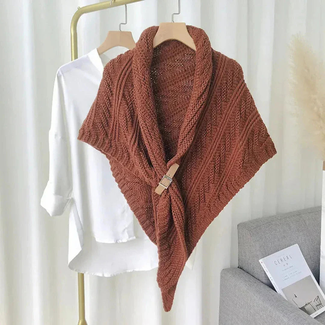 Petra chunky cable-knit shawl with adjustable buckle closure, cozy winter layering wrap