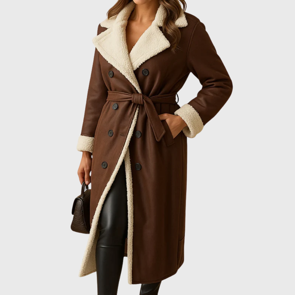 Women's camel longline winter coat with luxuriously soft fabric and streamlined structured silhouette