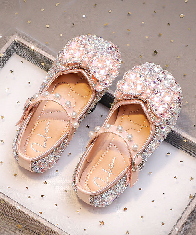Rose Pink Buckle Strap Flats With Zircon Bow For Girls By Wavlynn Deli
