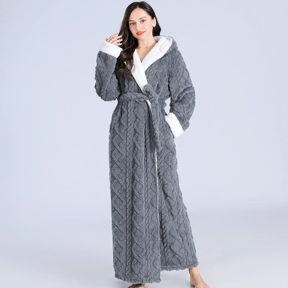 Isla hooded fleece bathrobe with belted waist and plush contrast trim for cozy loungewear