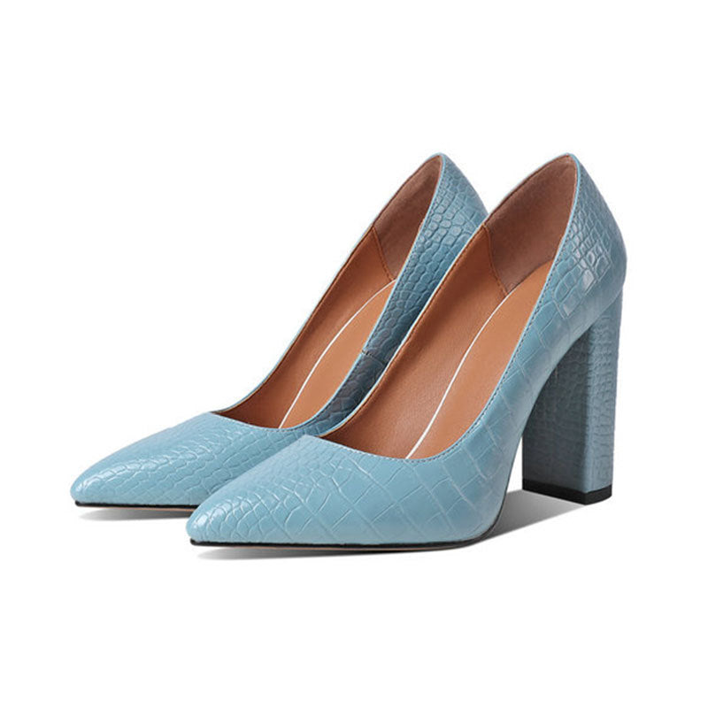 Women's black crocodile-embossed pointed-toe block heel pumps with 8cm heel, chic elegant style
