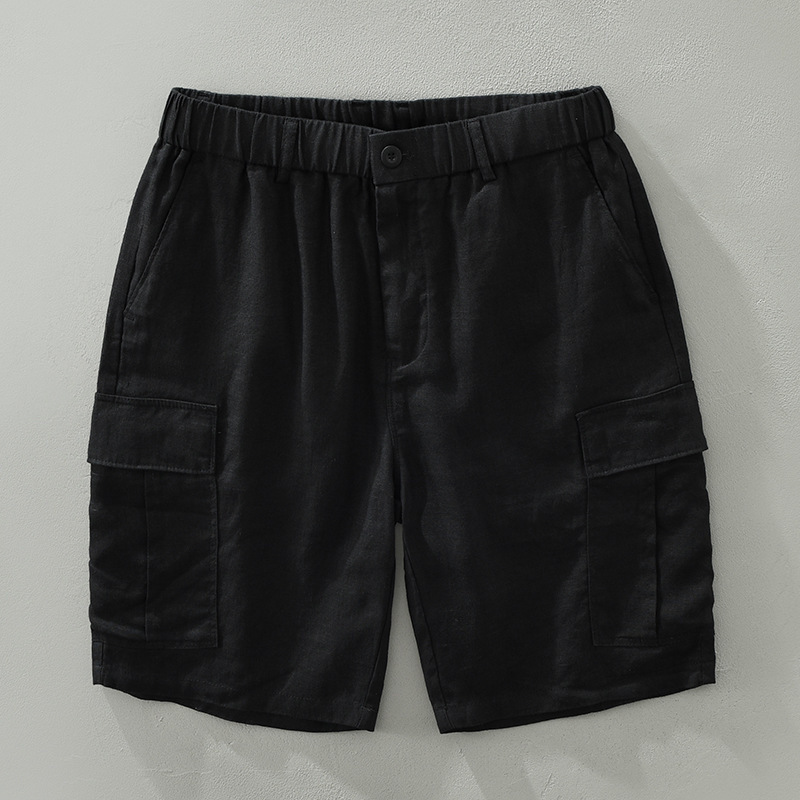 Men's beige linen cargo shorts relaxed fit with spacious side pockets and elastic waistband