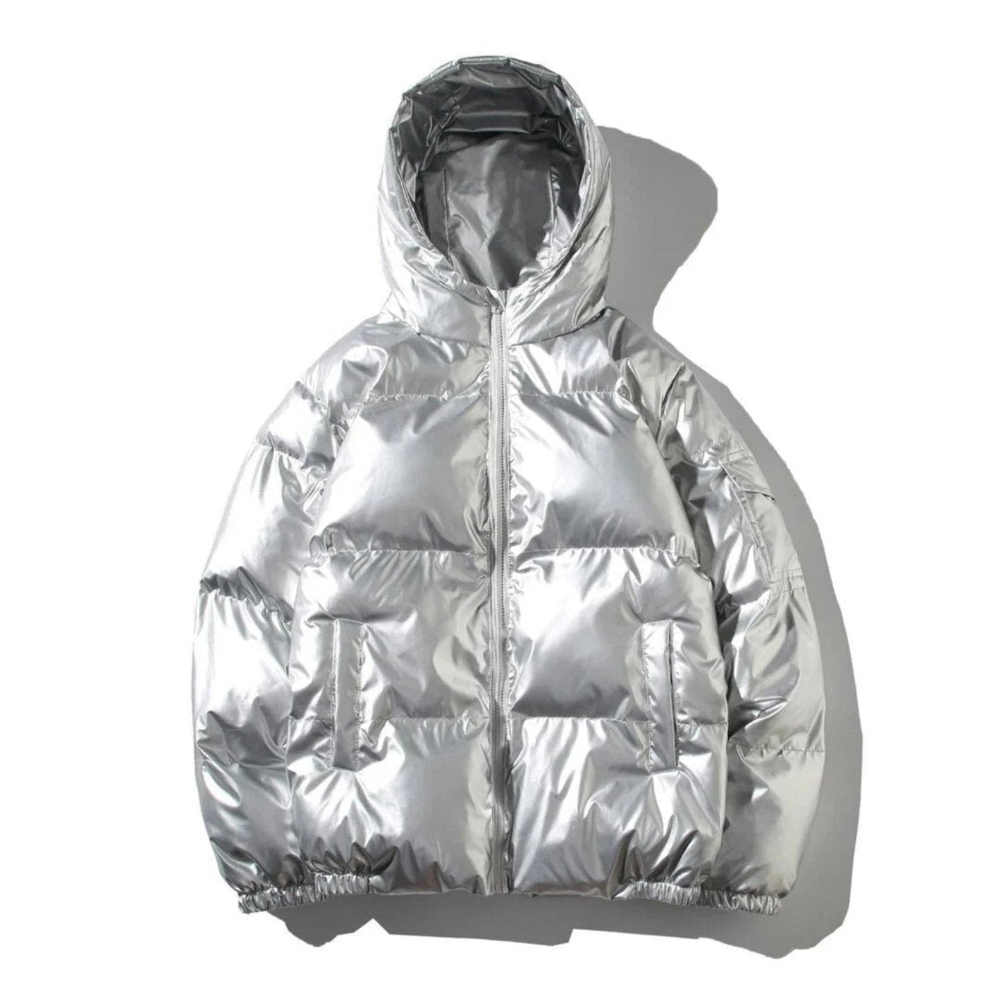 Men's glossy black puffer jacket shiny finish urban streetwear quilted winter coat cold weather