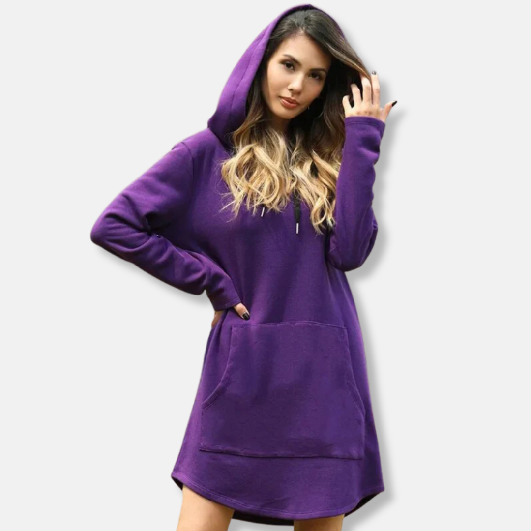 Women's relaxed-fit hoodie dress in cotton blend with long sleeves, front pocket, and drawstring hood
