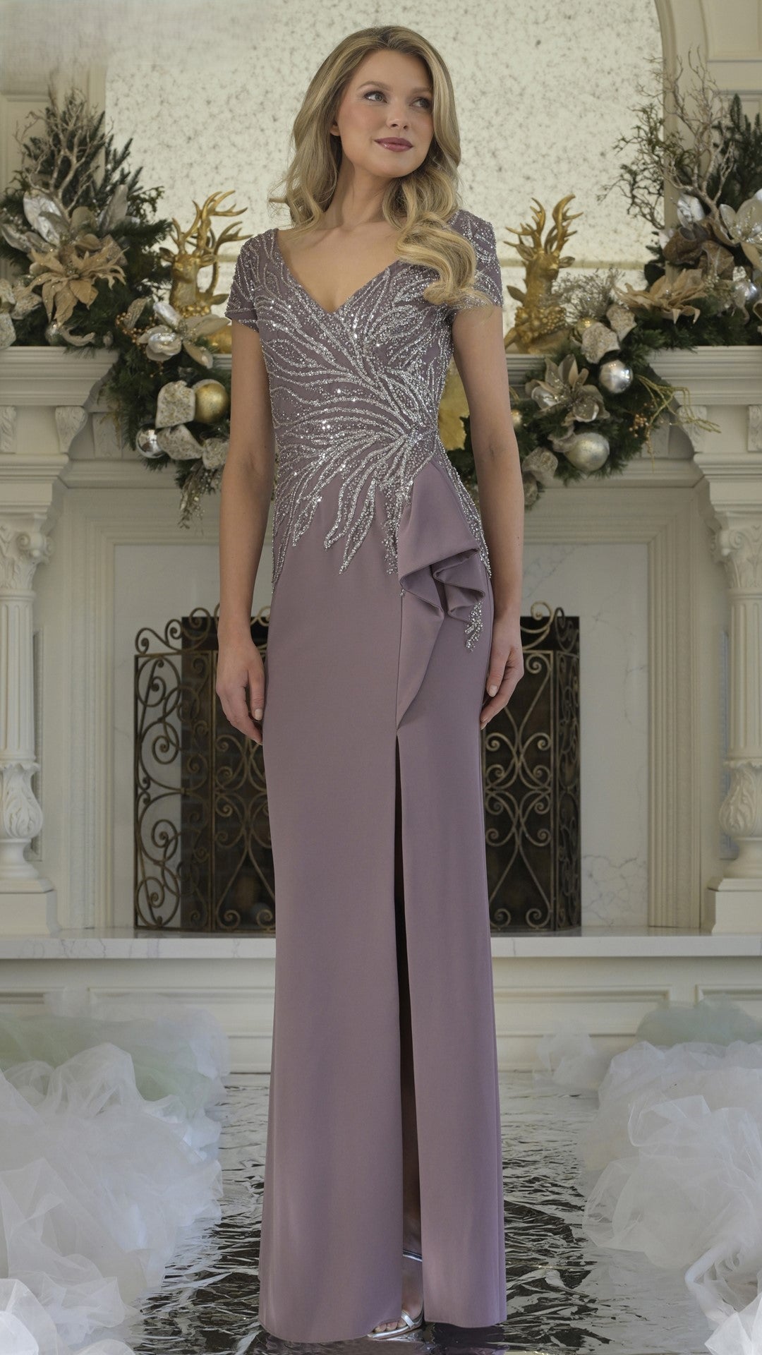 Rina di Montella 3323 crepe fit-and-flare formal gown with embroidered V-neckline and side ruffle