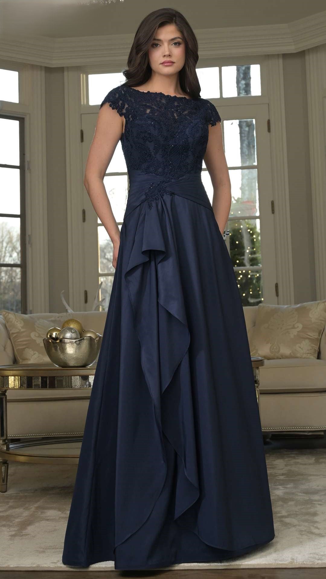 Long taffeta A-line mother of the bride dress with scoop neckline, cap sleeves, embroidered bodice