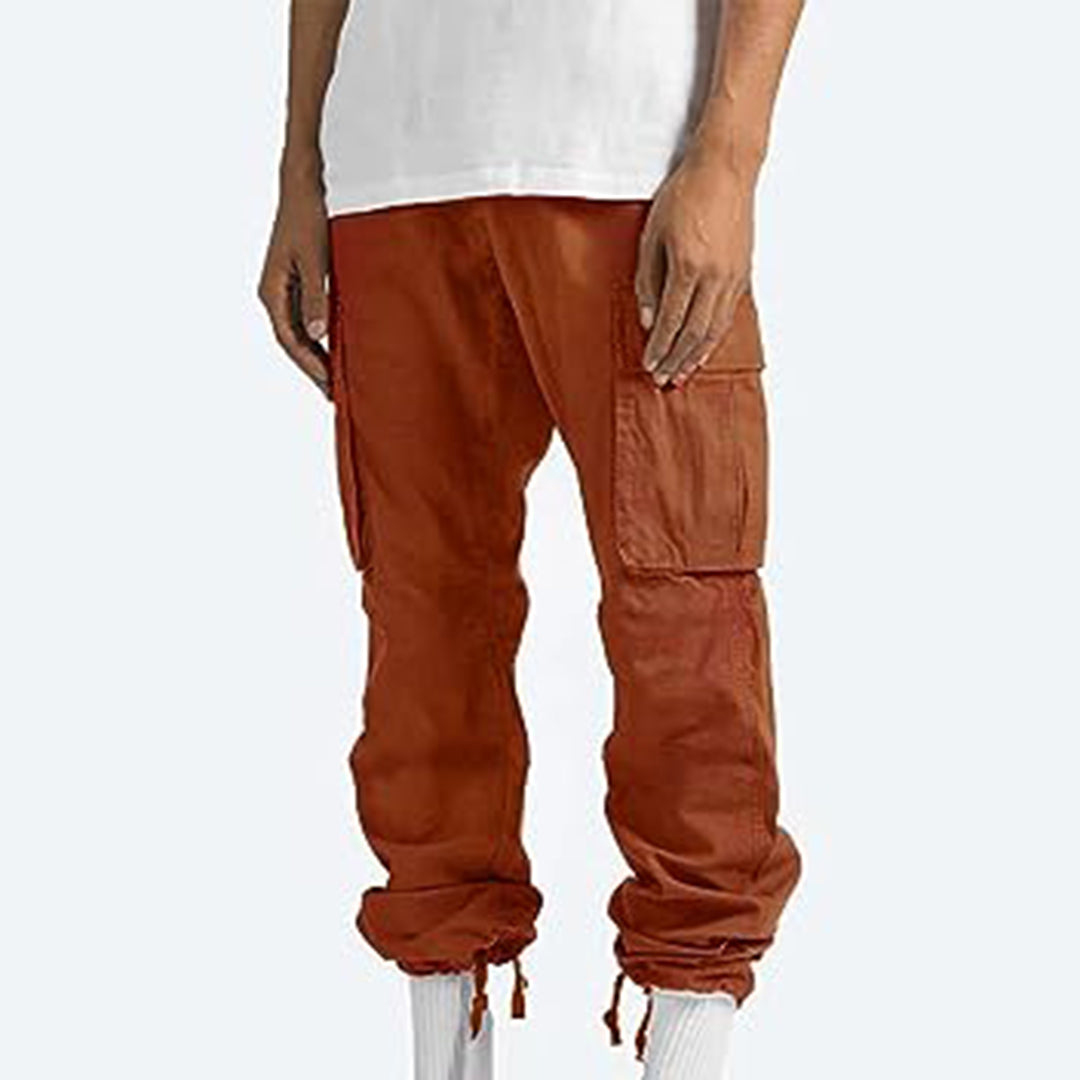 Men's relaxed fit cargo pants in neutral tone with six utility pockets, cotton blend streetwear style