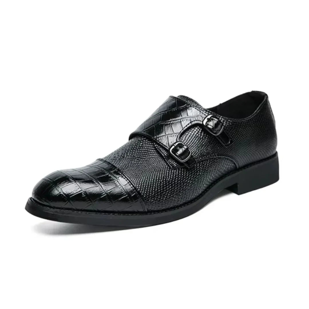Blue dual-buckle monk strap shoes with faux reptile texture panels and intricate woven detailing