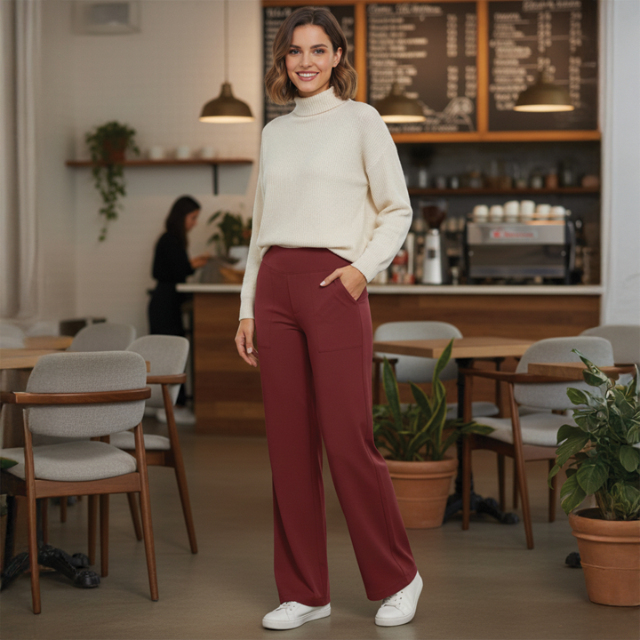 Black wide-leg high-rise trousers with sleek front panel and relaxed silhouette for modern elegance