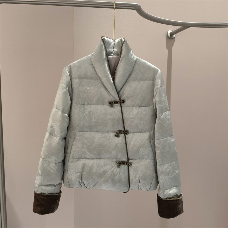 Women's retro chic chenille puffer jacket, lightweight cozy outerwear with button-front closure
