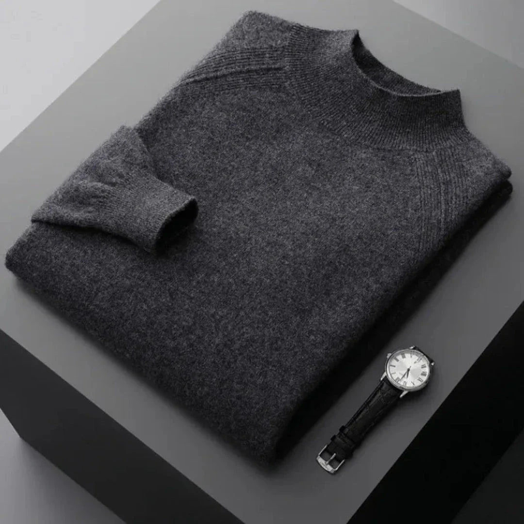 Rhys camel cashmere mock neck sweater with ribbed cuffs and classic minimalist silhouette