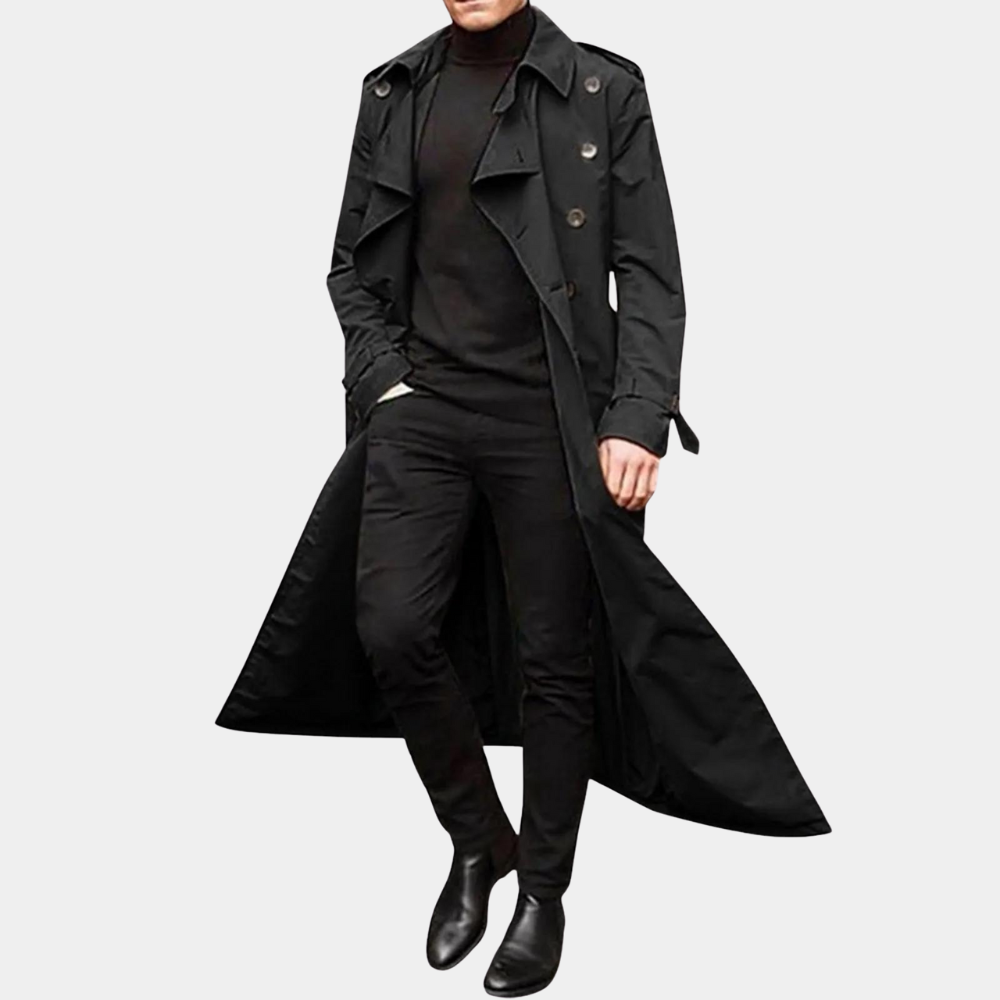 Men's vintage-inspired long trench coat by Wavlynn in classic tone with elongated commanding silhouette
