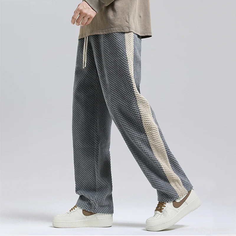 Roberto Russo Metro tan corduroy jogger pants with bold contrasting side stripe and elastic waist