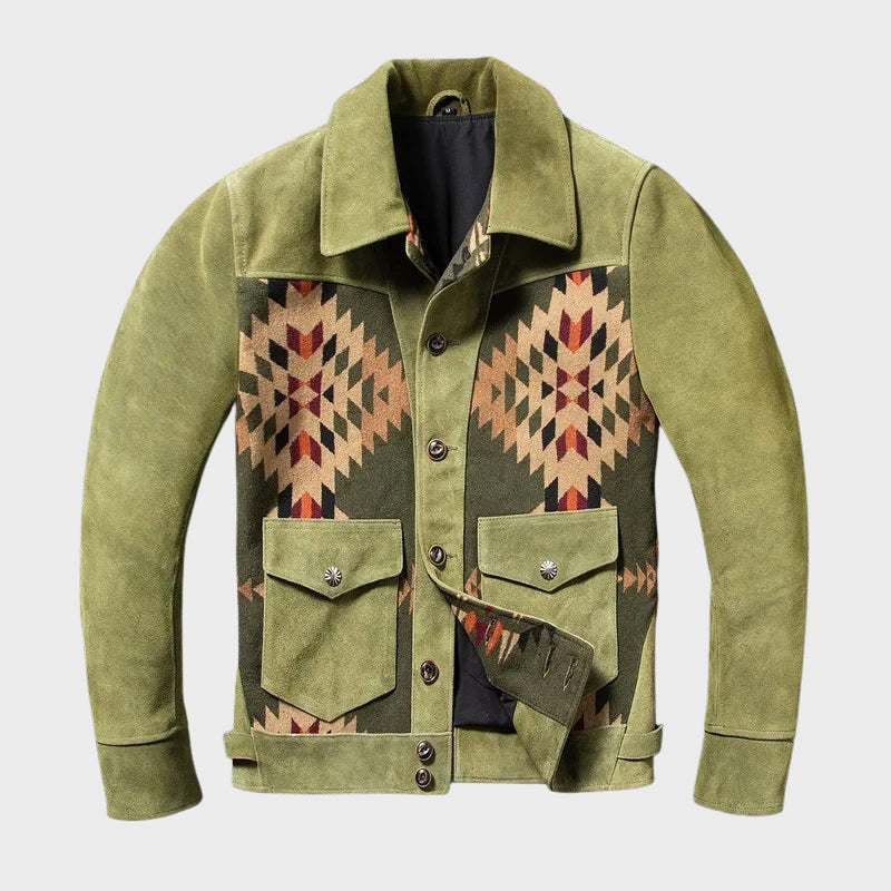 Men's brown genuine leather heritage jacket with suede woven panel detailing by Roberto Russo