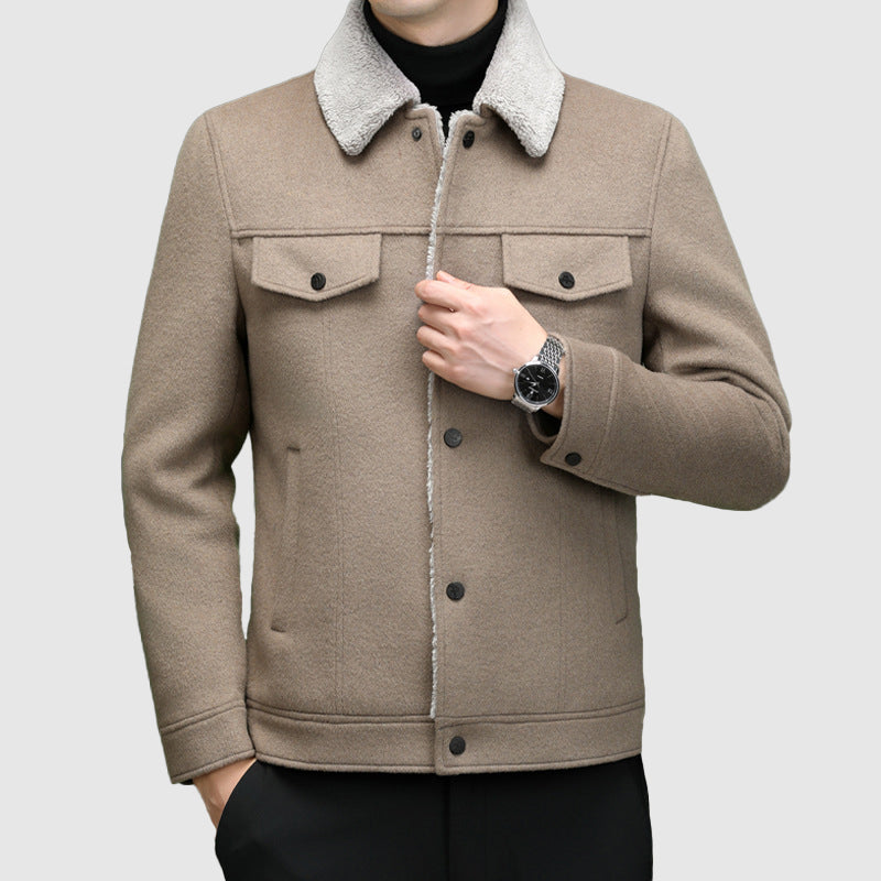 Roberto Russo Elite unisex warm jacket in neutral tone, sherpa-lined polo collar, Lycra-blend all-season layer