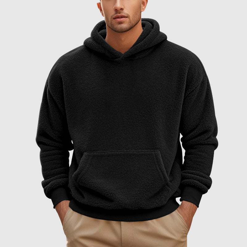 Men's gray fleece pullover hoodie relaxed fit with kangaroo pocket and ribbed trim by Wavlynn