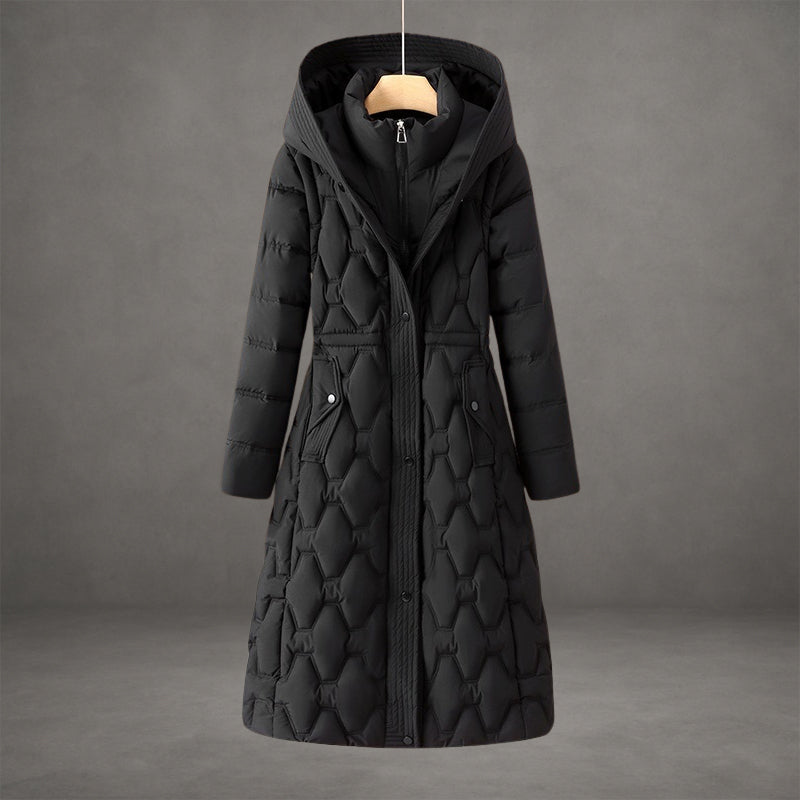 Rosemont longline hooded down coat with diamond-quilted stitching and structured winter silhouette