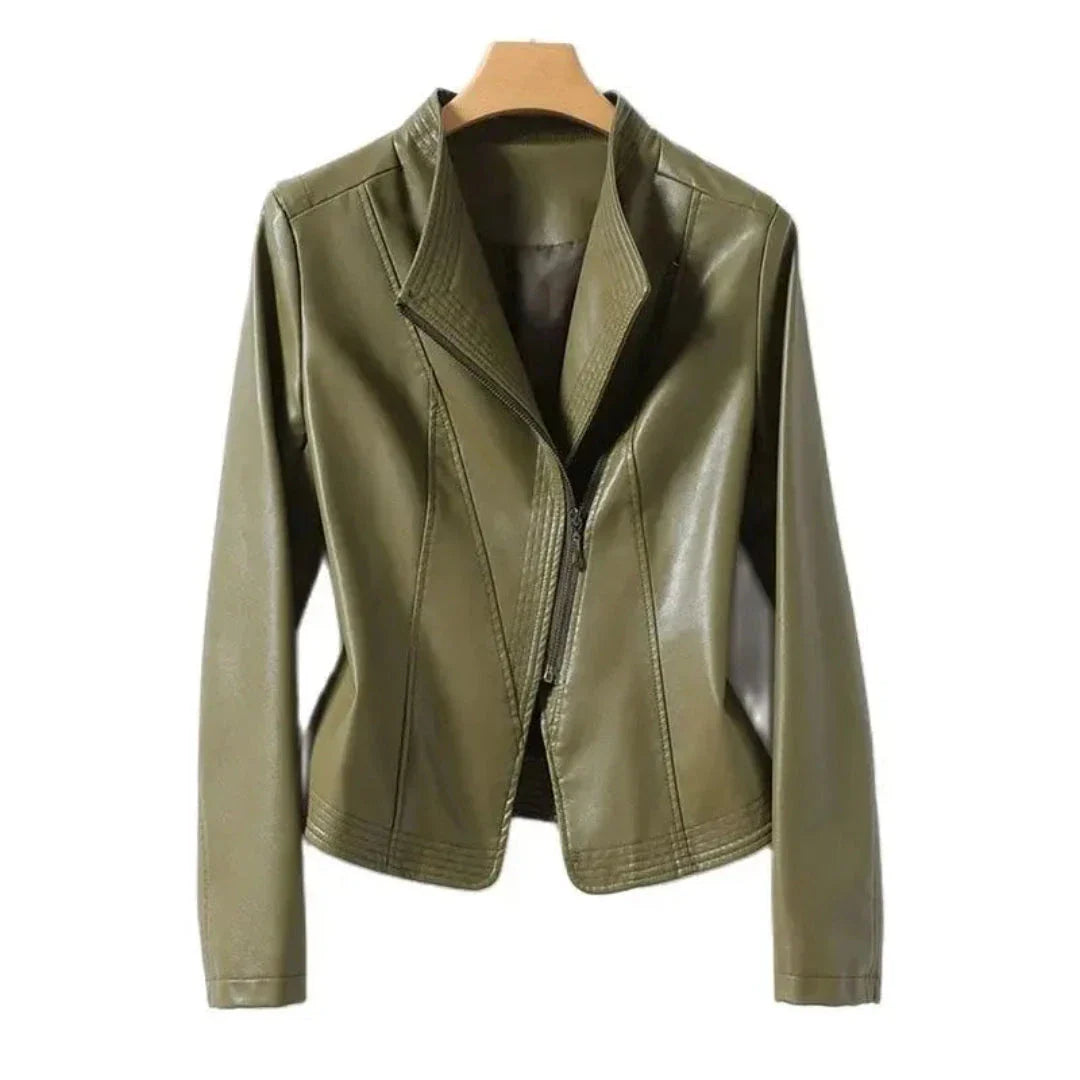 Black leather moto jacket with asymmetrical zip, structured collar, and slim tailored silhouette