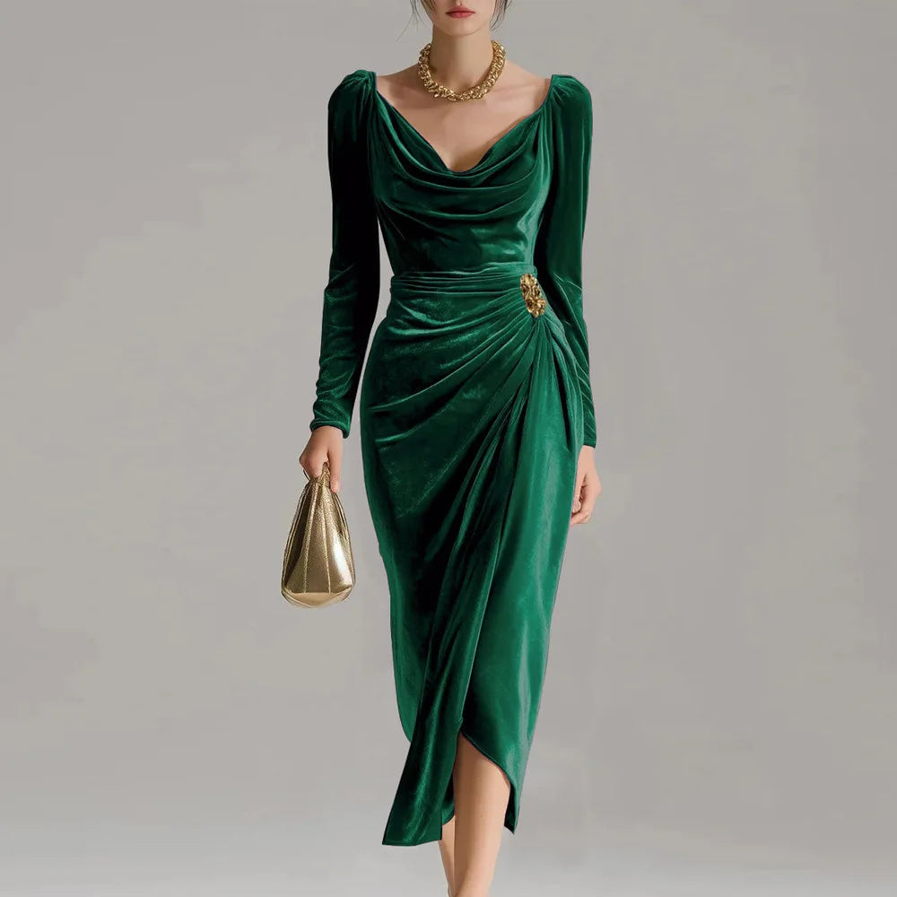 Elegant black midi dress with soft draping silhouette and flattering feminine cut