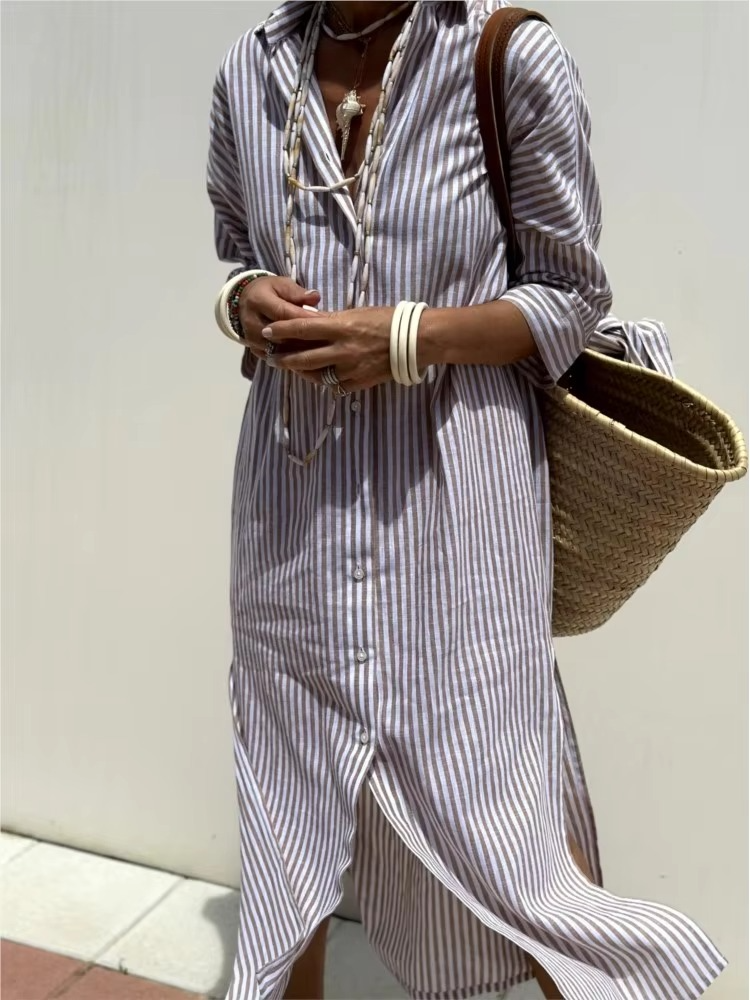 Women's striped long sleeve shirt dress, relaxed loose-fit silhouette with timeless print