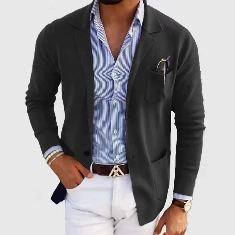 Men's solid color knitted cardigan coat turn-down collar multiple pockets minimalist single button closure