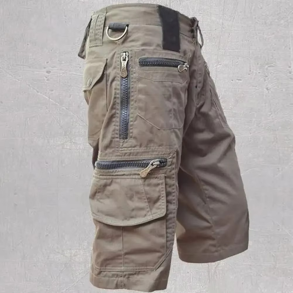 Men's khaki tactical cargo shorts straight fit military style with multi-pocket utility for summer