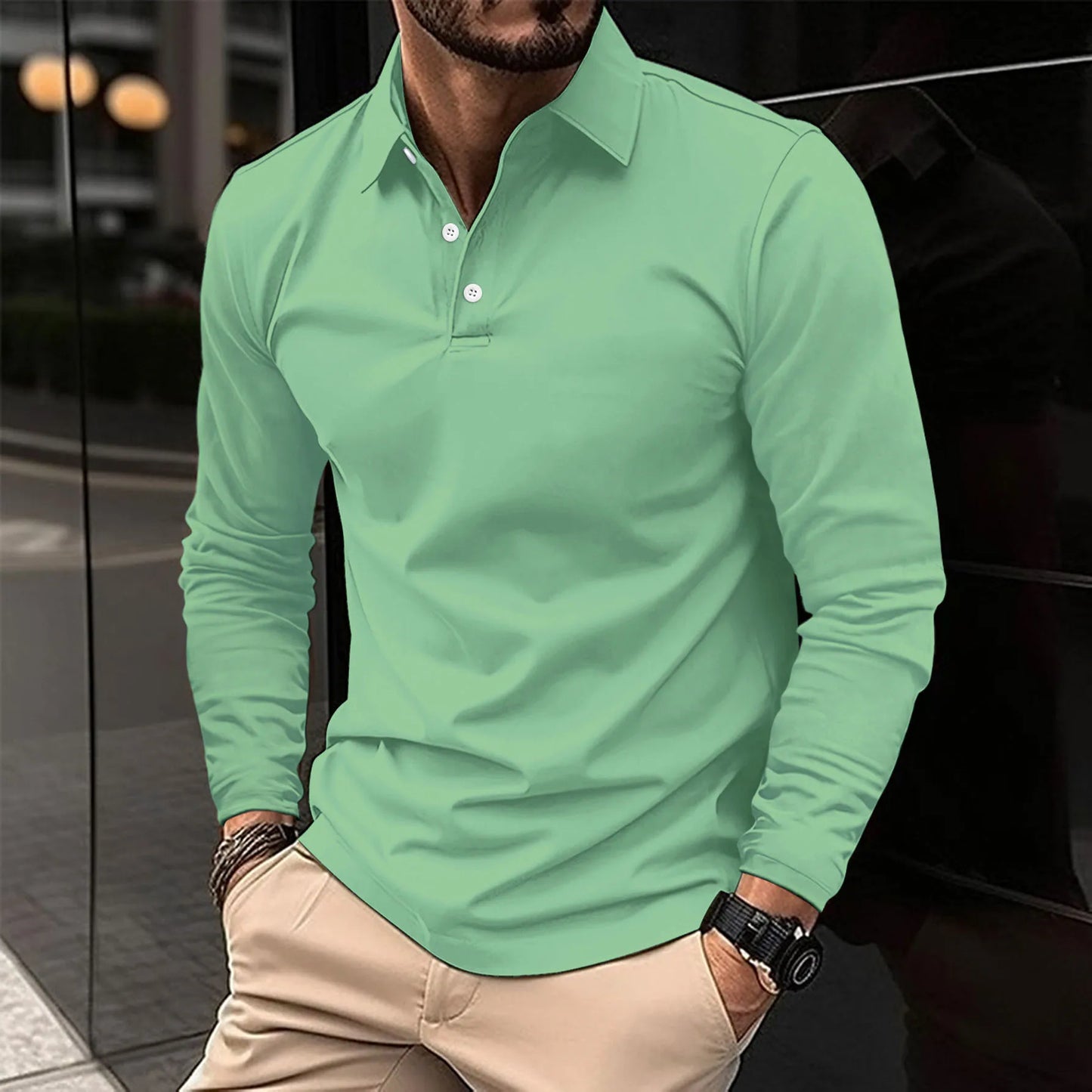 Men's long sleeve polo shirt slim fit breathable cotton casual semi-formal collared top