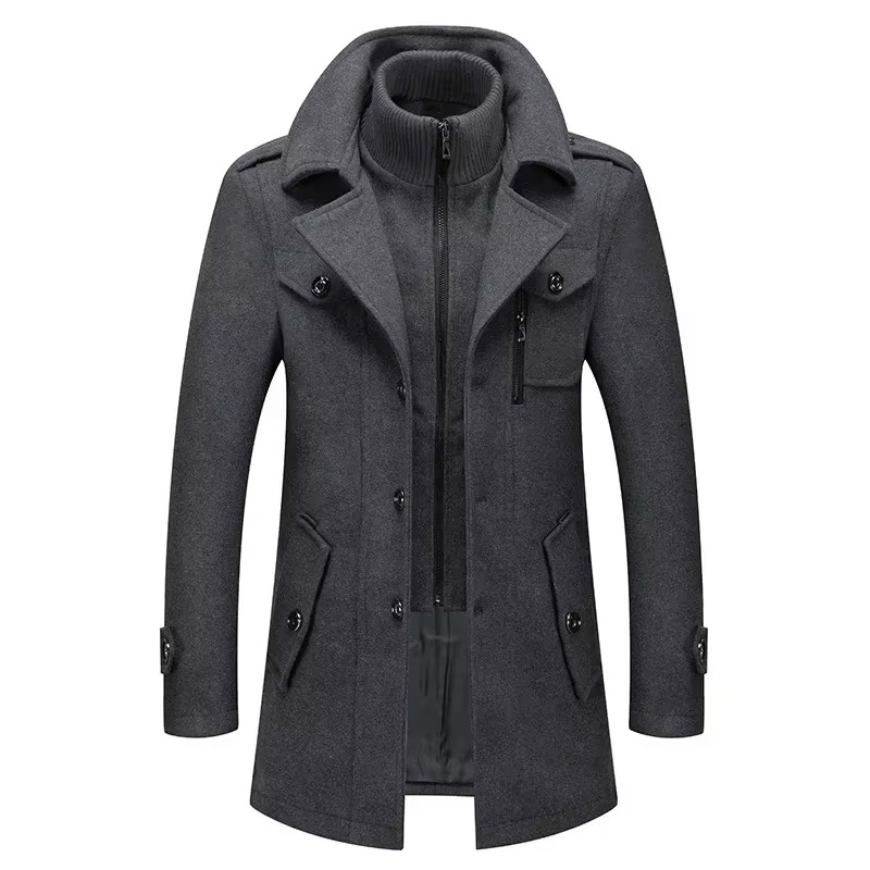 Men's mid-length premium wool trench coat with double collar zipper in classic fall winter style