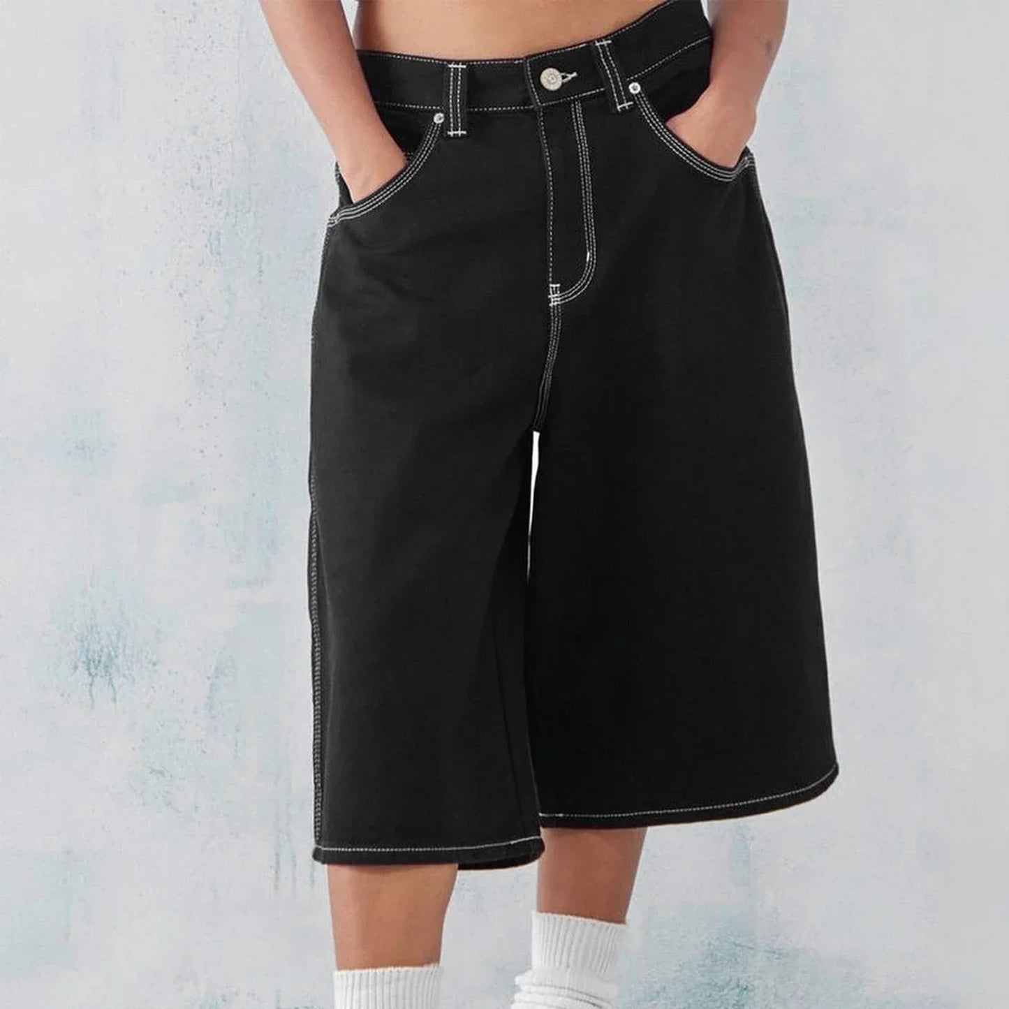Men's wide-leg washed denim shorts with reinforced stitching and classic five-pocket design