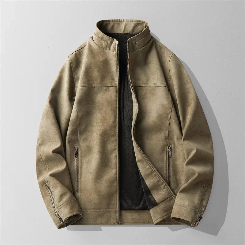 Men's black matte leather jacket with stand collar, fleece-lined interior and minimalist slim silhouette
