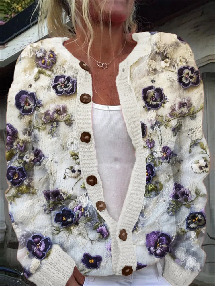 Loose fitting printed cardigan in neutral tones with relaxed silhouette and chic layering style