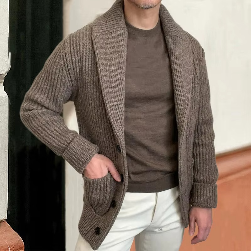 Men's vintage slim fit knitted cardigan jacket with shawl collar in classic neutral tones