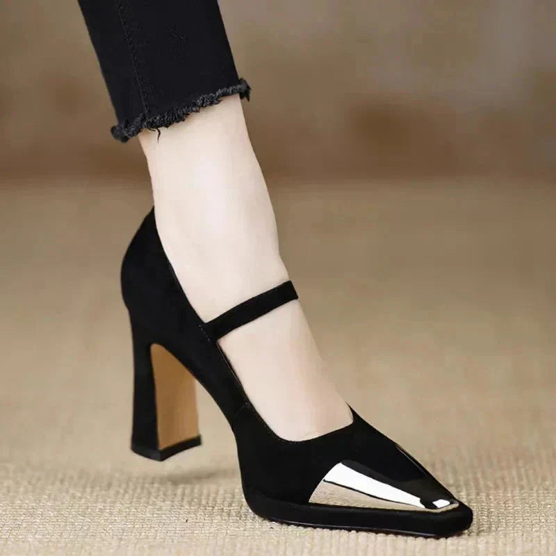 Women's patent cap toe Mary Jane pumps with block heel and slim ankle strap in classic style