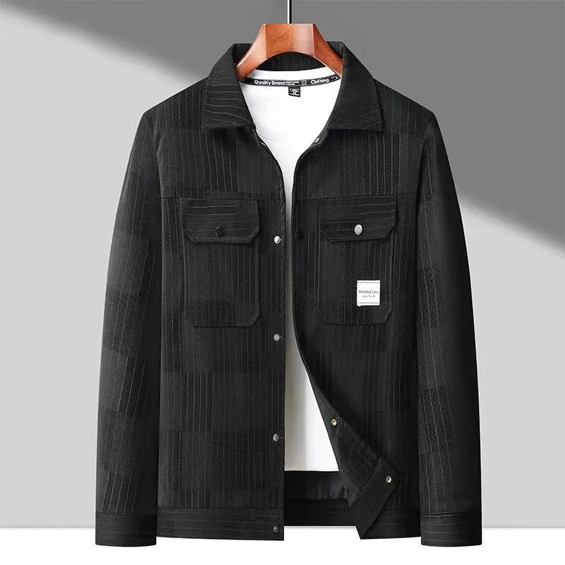 Navy blue pinstripe tailored jacket with structured down collar and sharp slim fit
