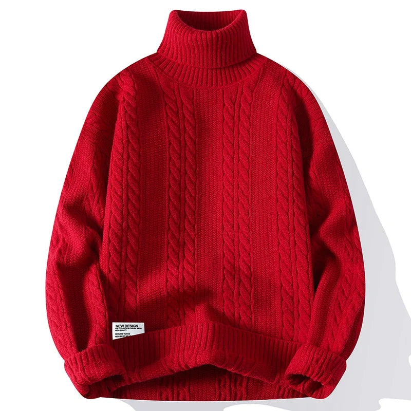 Cream slim-fit cable-knit turtleneck sweater with all-over textured pattern and classic high neck