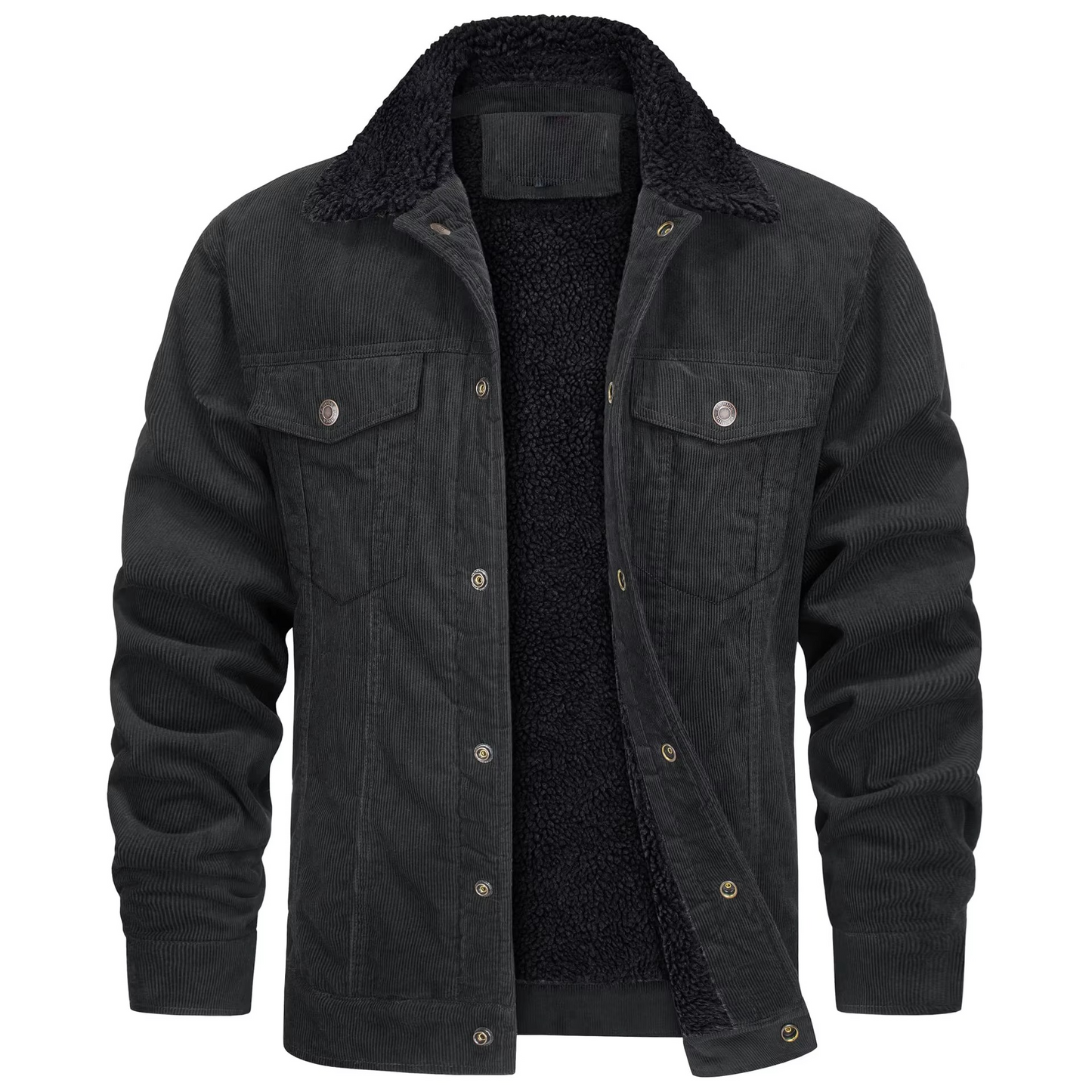 Navy corduroy fleece-lined men's winter jacket with warm utility styling and classic textured shell