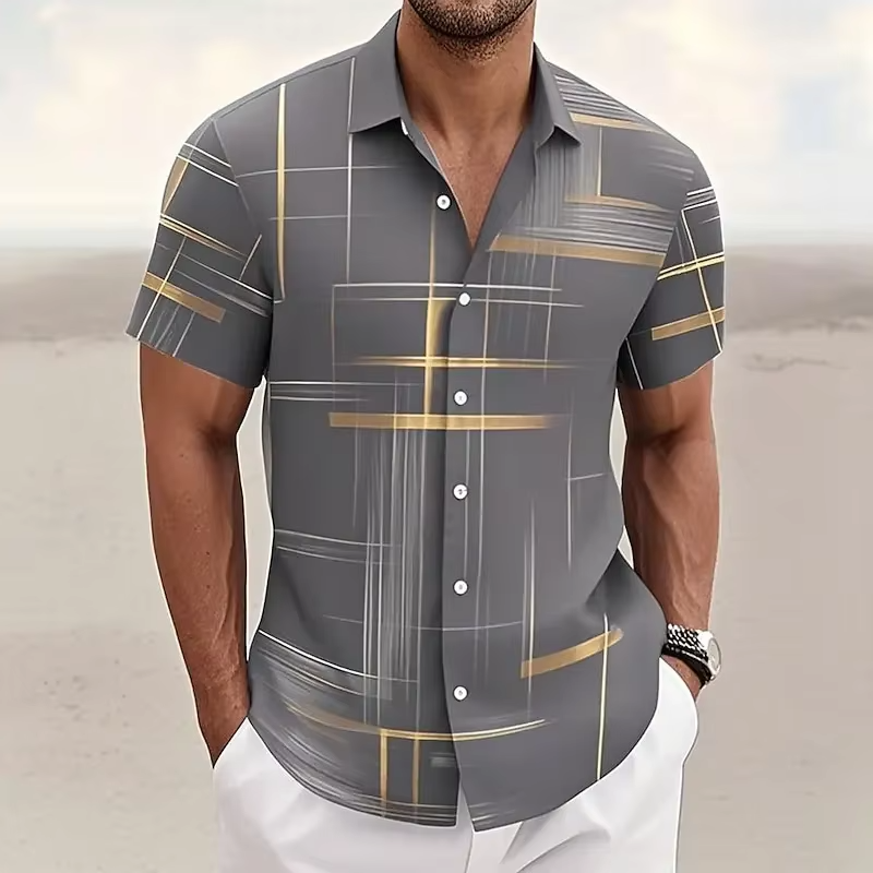 Men's 3D geometric plaid short sleeve button-down shirt in bold multicolor modern casual fit
