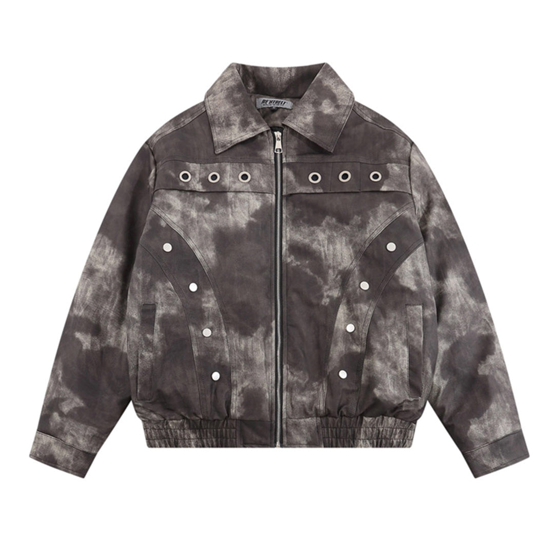Multicolor cloud-pattern vegan suede loose-fit jacket with turn-down collar and buttoned cuffs