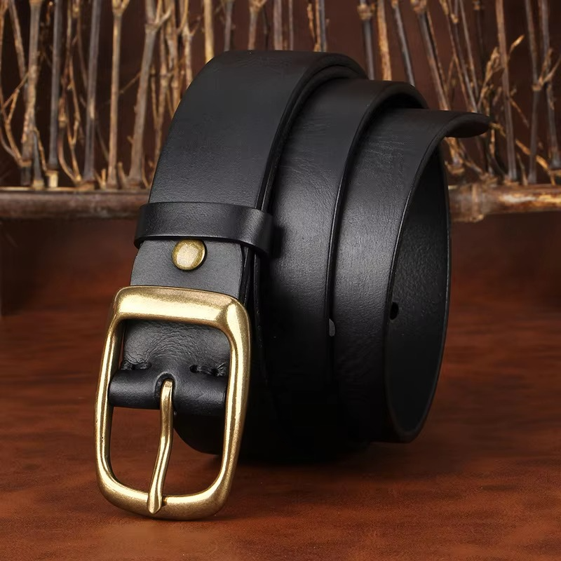 Men's vegan leather dress belt with solid brass pin buckle, vintage casual style, vegan leather