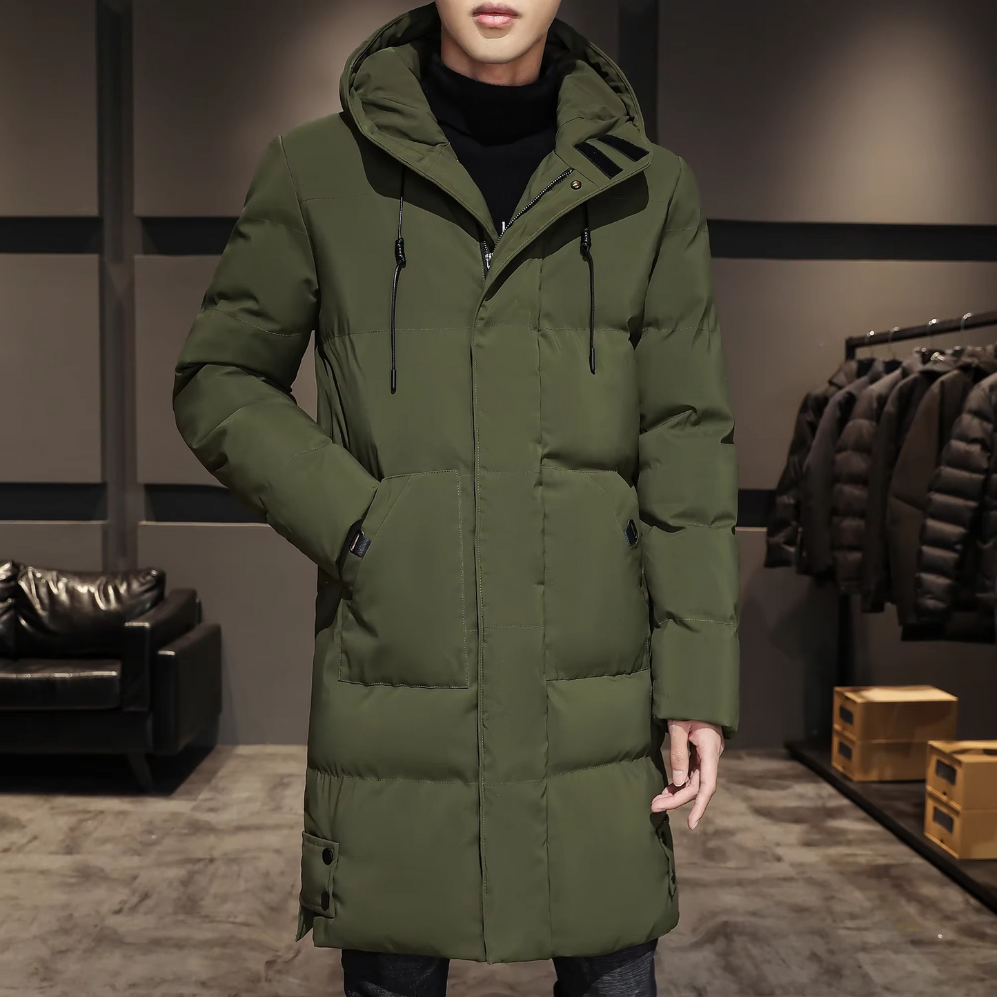 Men's lightweight cotton padded parka coat, long silhouette, warm winter essential for modern style