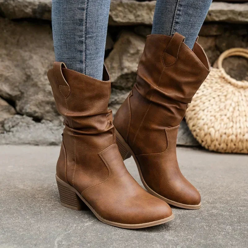 Classic mid-calf Western boots with cowboy stitching detail, timeless silhouette for everyday style
