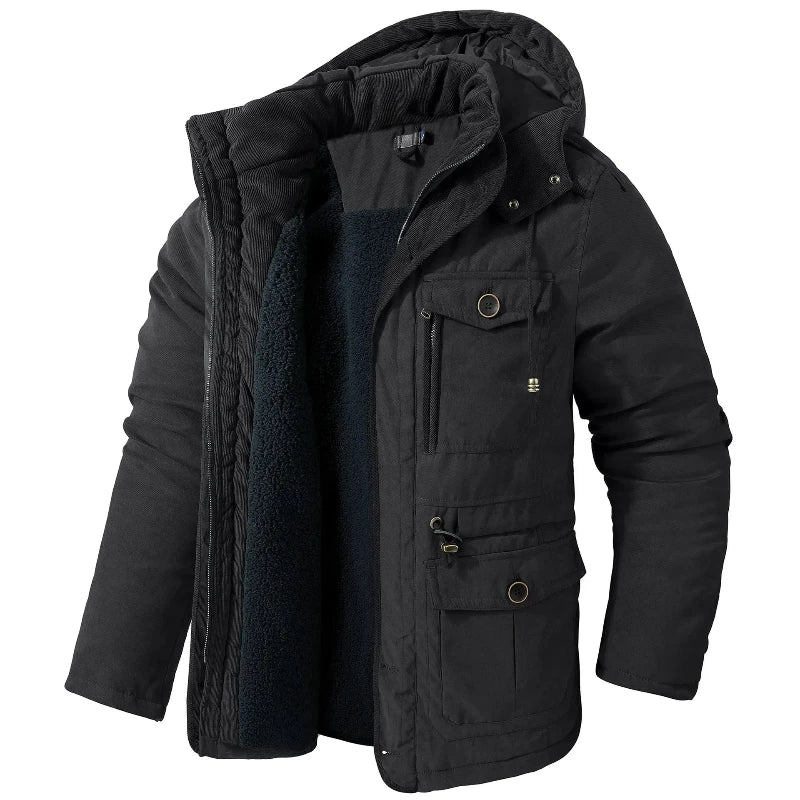Navy blue Summit winter jacket with thermal-reflective lining, waterproof storm-ready hood, and cozy fit