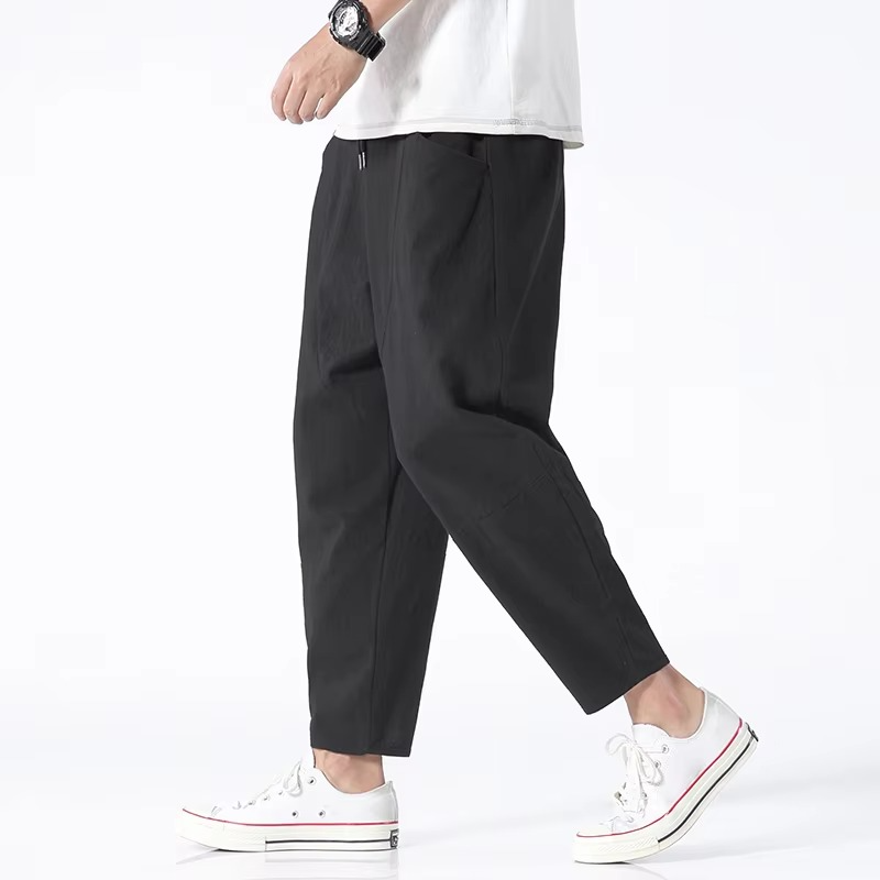 Men's loose cropped cotton pants Japanese street style breathable summer casual fit available up to 5XL