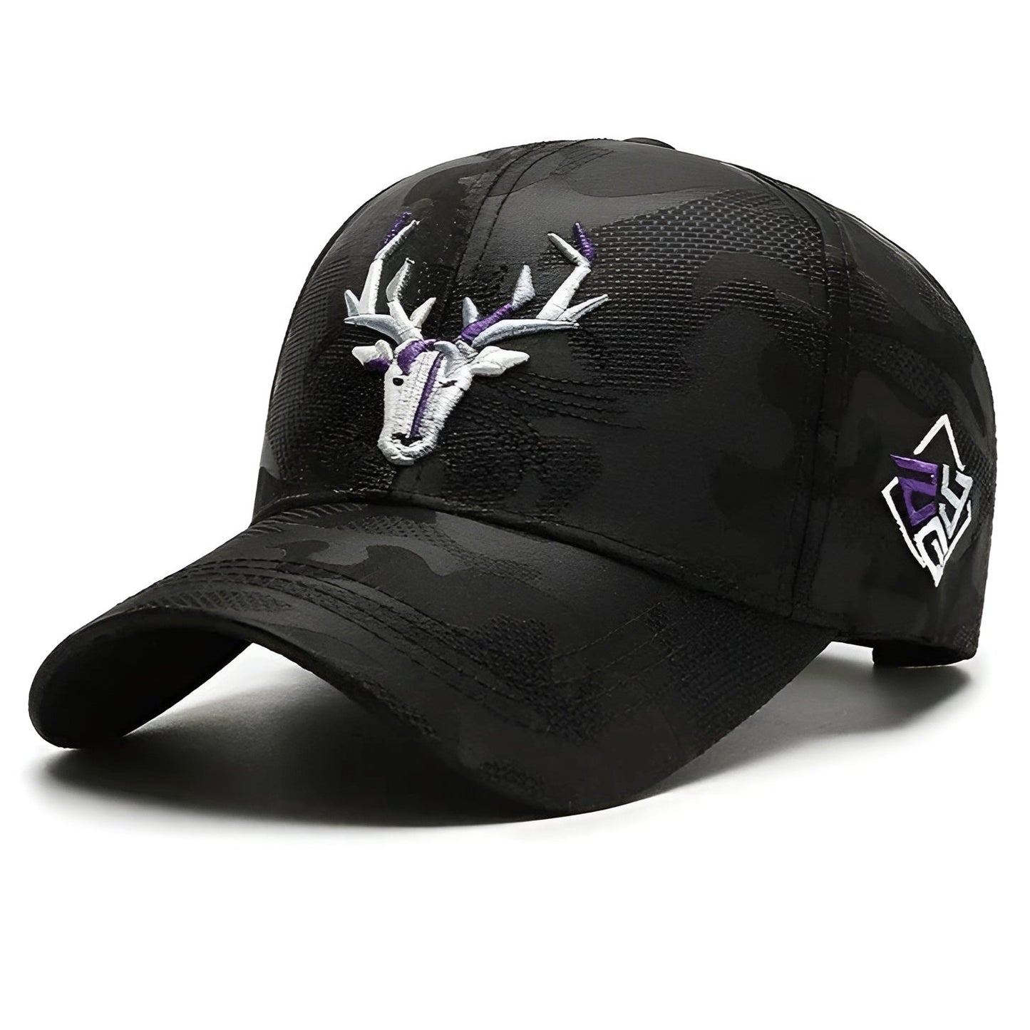 Gray cotton baseball cap with silver stag embroidery and invisible camo pattern, brass adjustable back