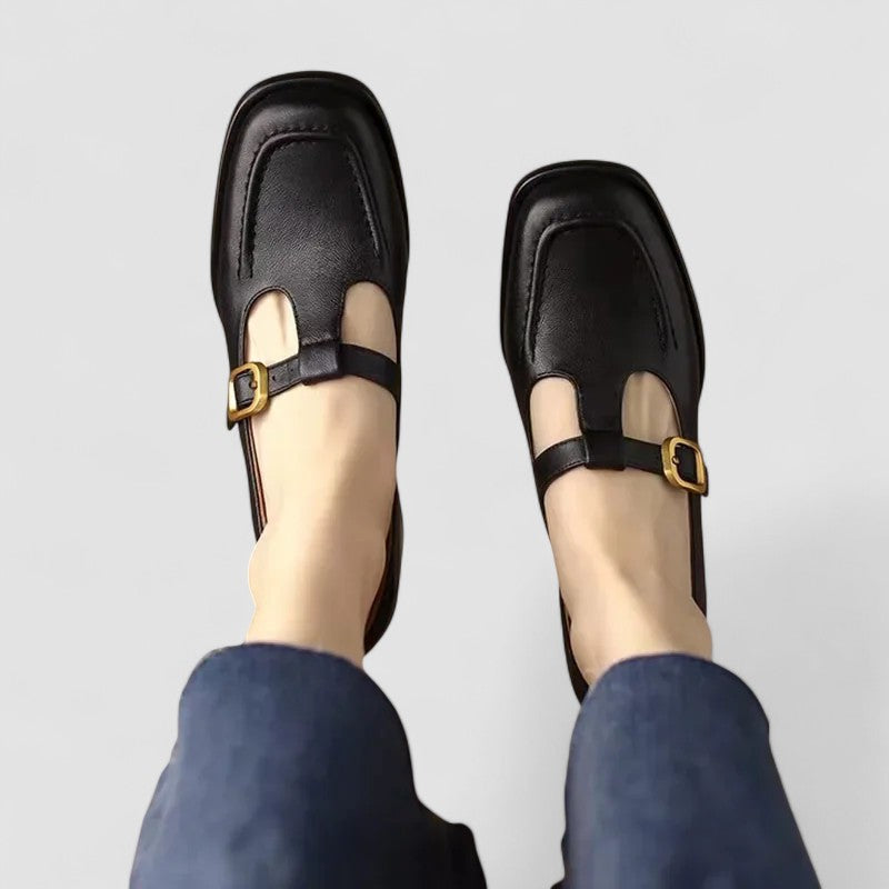 Women's black comfort T-strap Mary Jane shoes with comfort support and cushioned sole