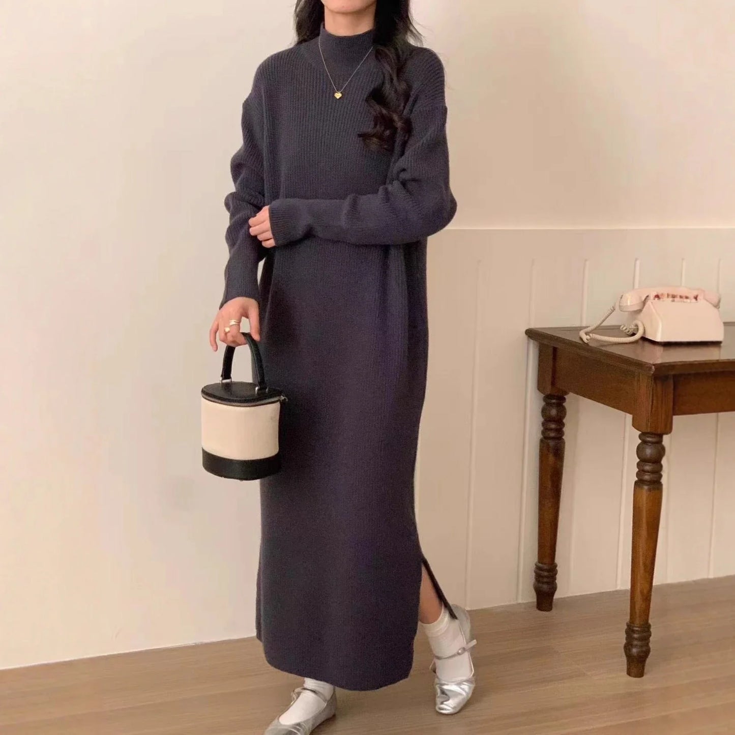 Mila cozy knit sweater dress loose relaxed silhouette soft acrylic fall winter everyday style